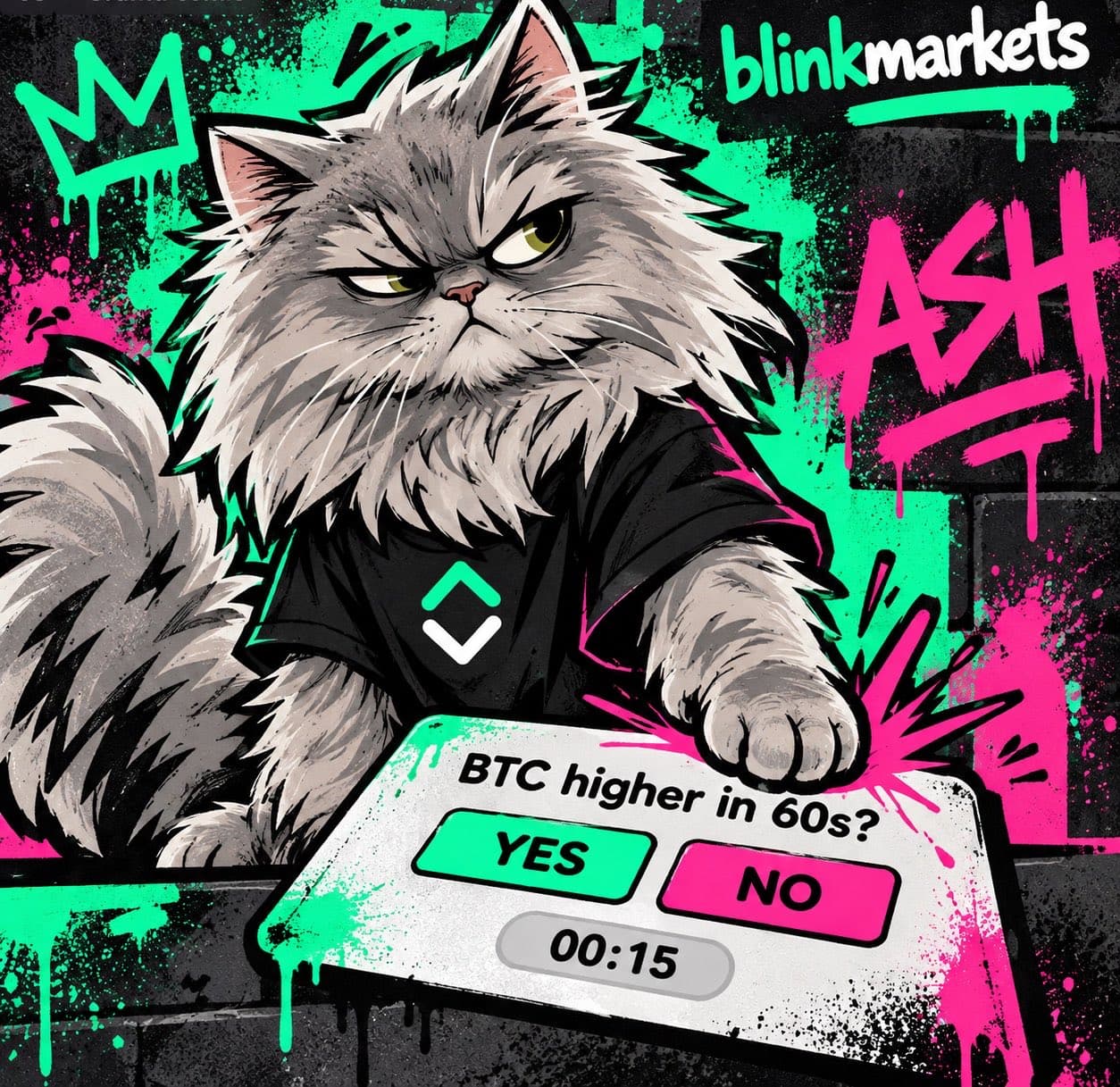 Ashtray the cat smirking in front of a pink and mint graffiti wall, paw on the YES button
